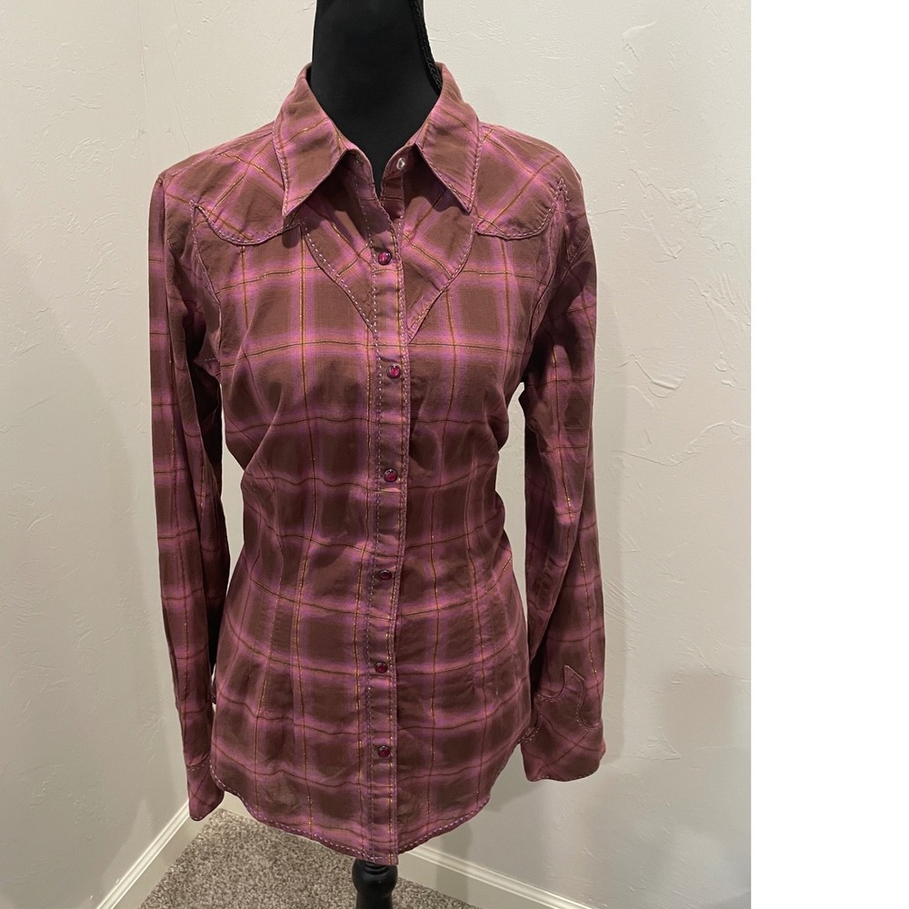 Rock 47 by Wrangler Womens Large Brown Purple Plaid Metallic Western Snap Shirt